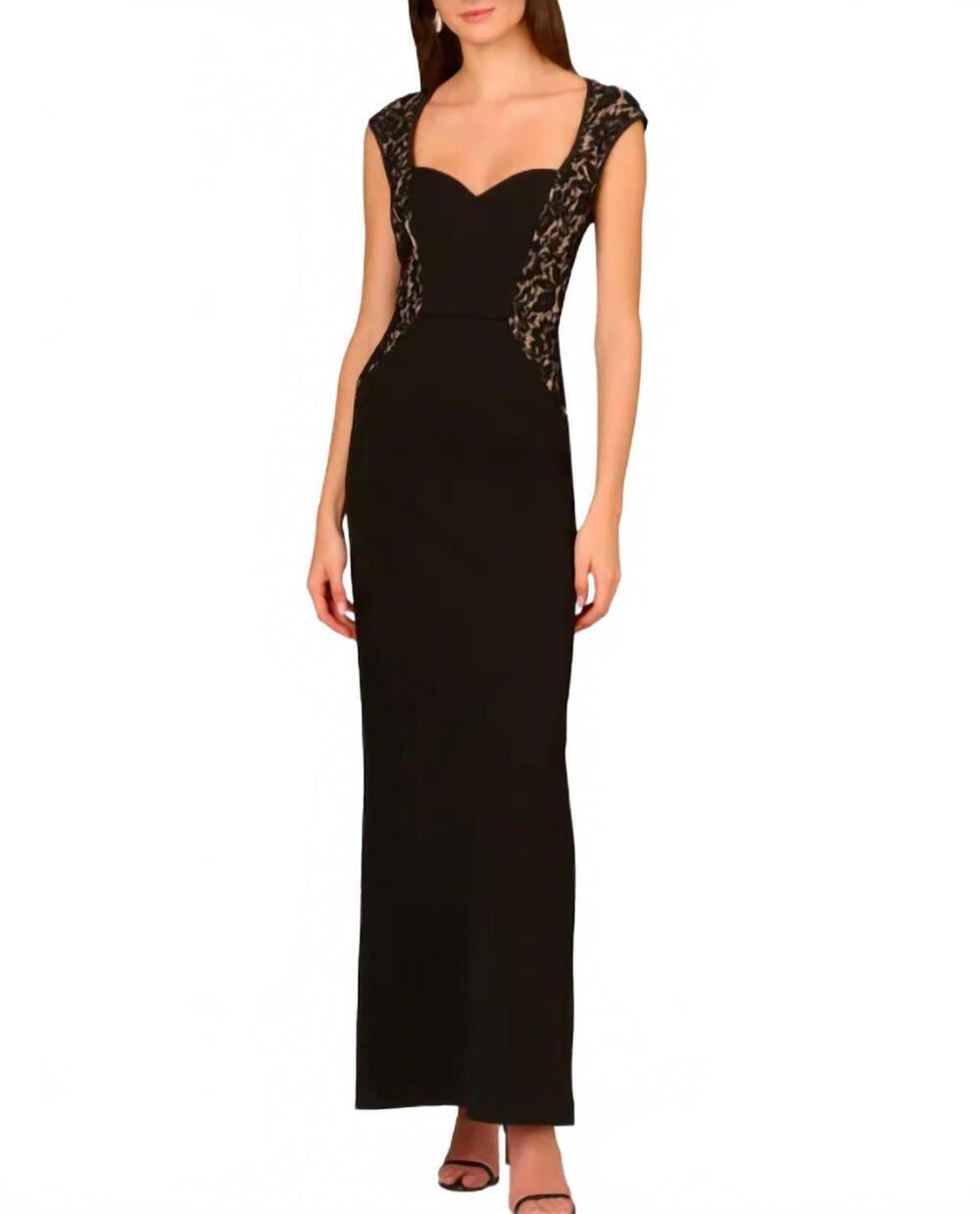 NEW AIDAN MATTOX lace trim crepe column gown in black/nude